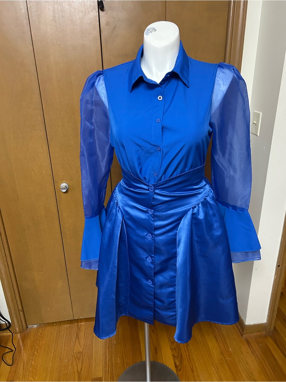 Satin & Sheer Royal Blue Midi Shirt Dress